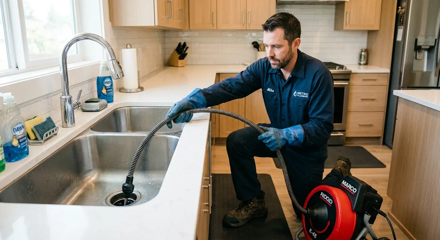 Drain cleaning technician using a motorized snake on a kitchen sink in Loganville