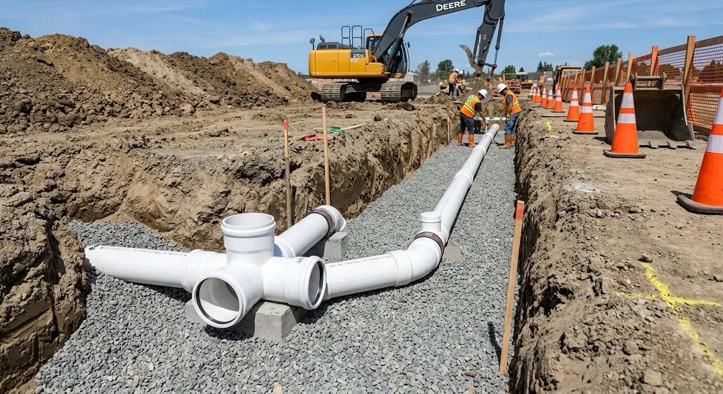 New PVC sewer pipe installation in open trench for Sewer Backup in Loganville