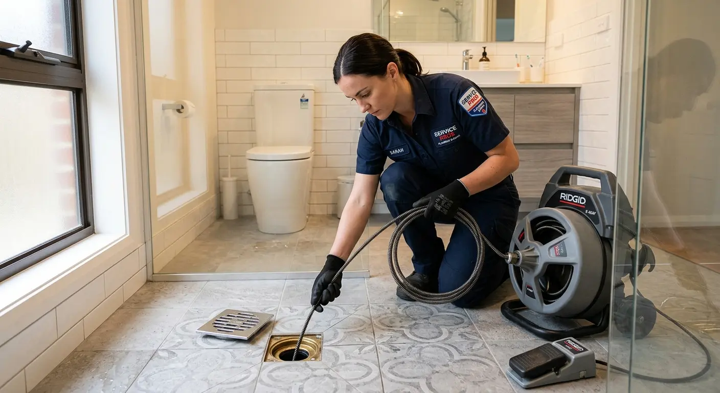 Technician clearing a bathroom floor drain for Drain Cleaning in Loganville